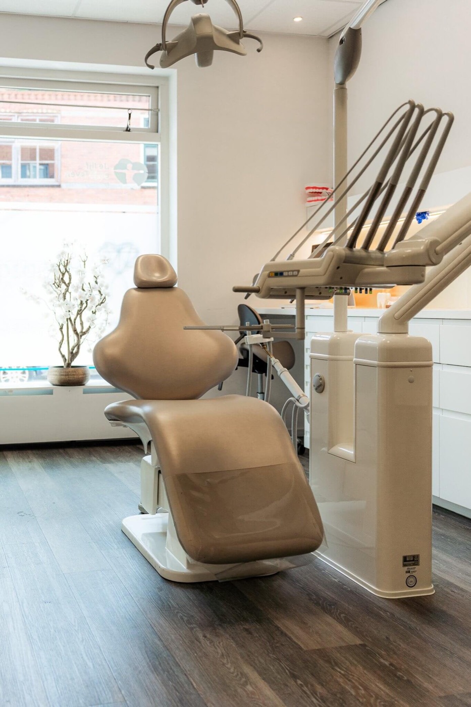 Lichte behandelkamer met een beige behandelstoel bij een groot raam en een plant op de vensterbank.
